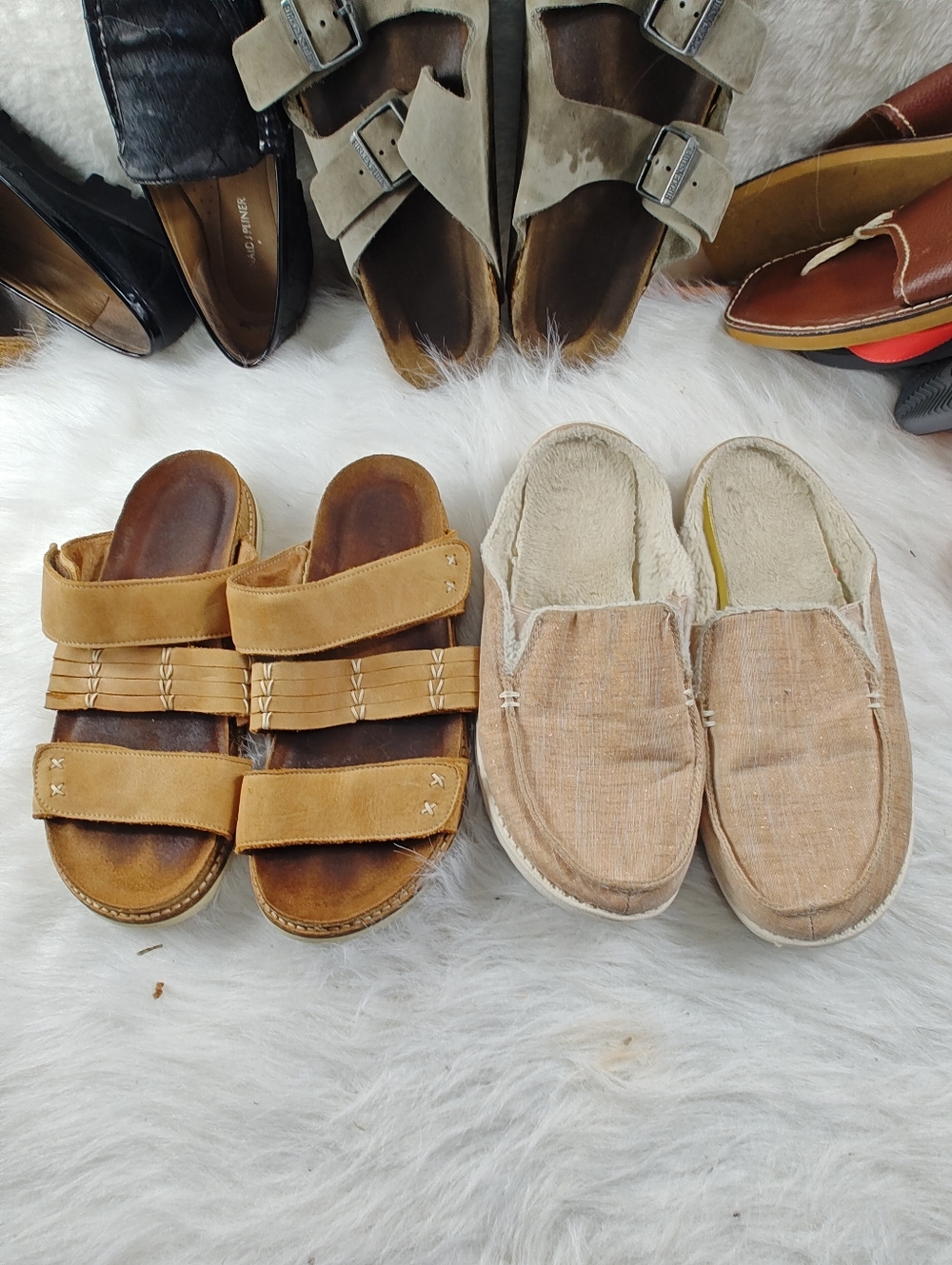 Taos 3-strap Leather Slide + Hey Dude Sparkling Rose Gold Mule Bundle Women Sz 8